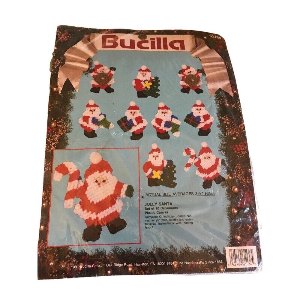 Bucilla Jolly Santa 10 ornaments plastic canvas 3.5" tall 1991